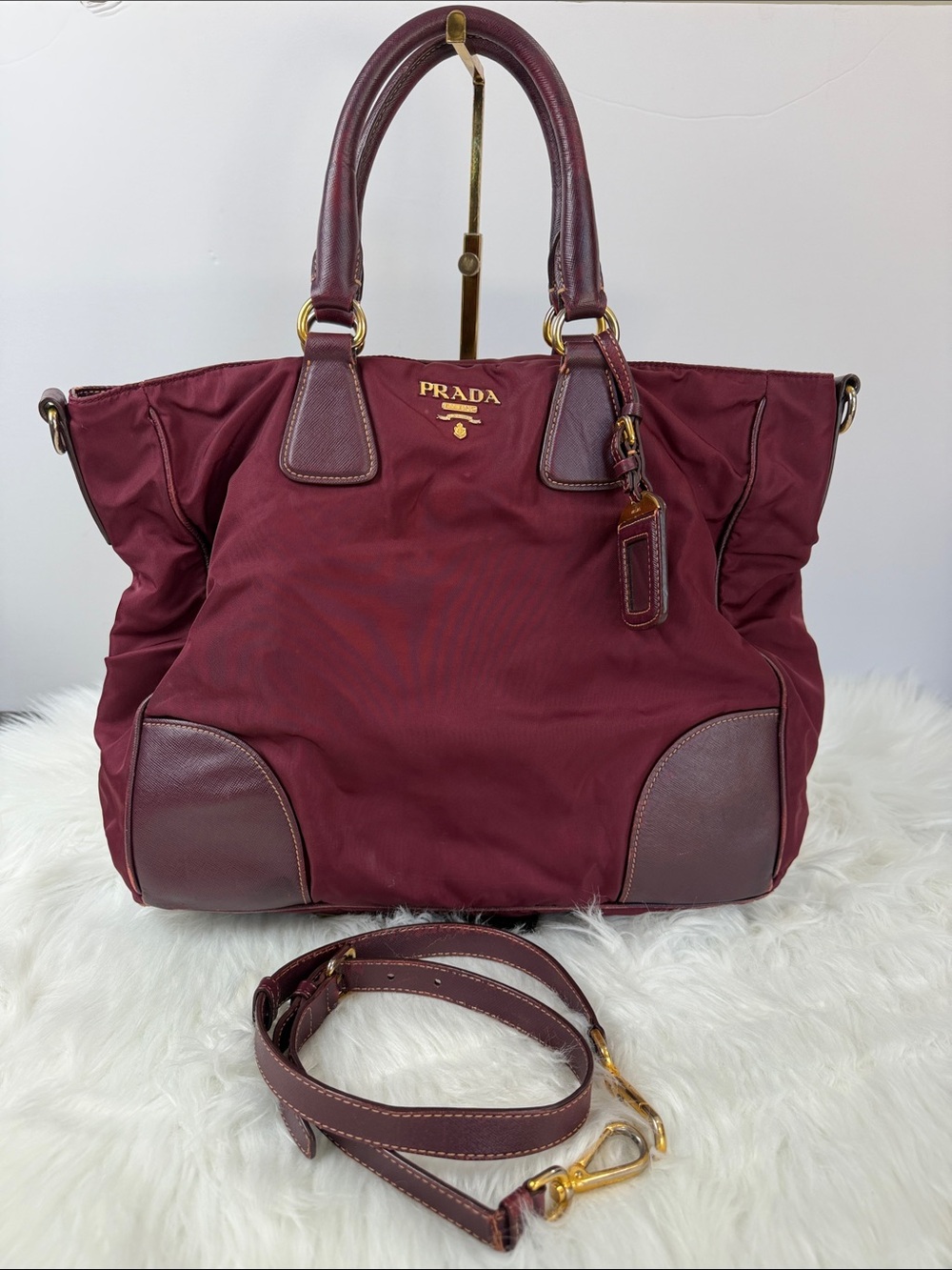 PRADA Tessuto Nylon & Saffiano Leather Convertible Tote – Burgundy